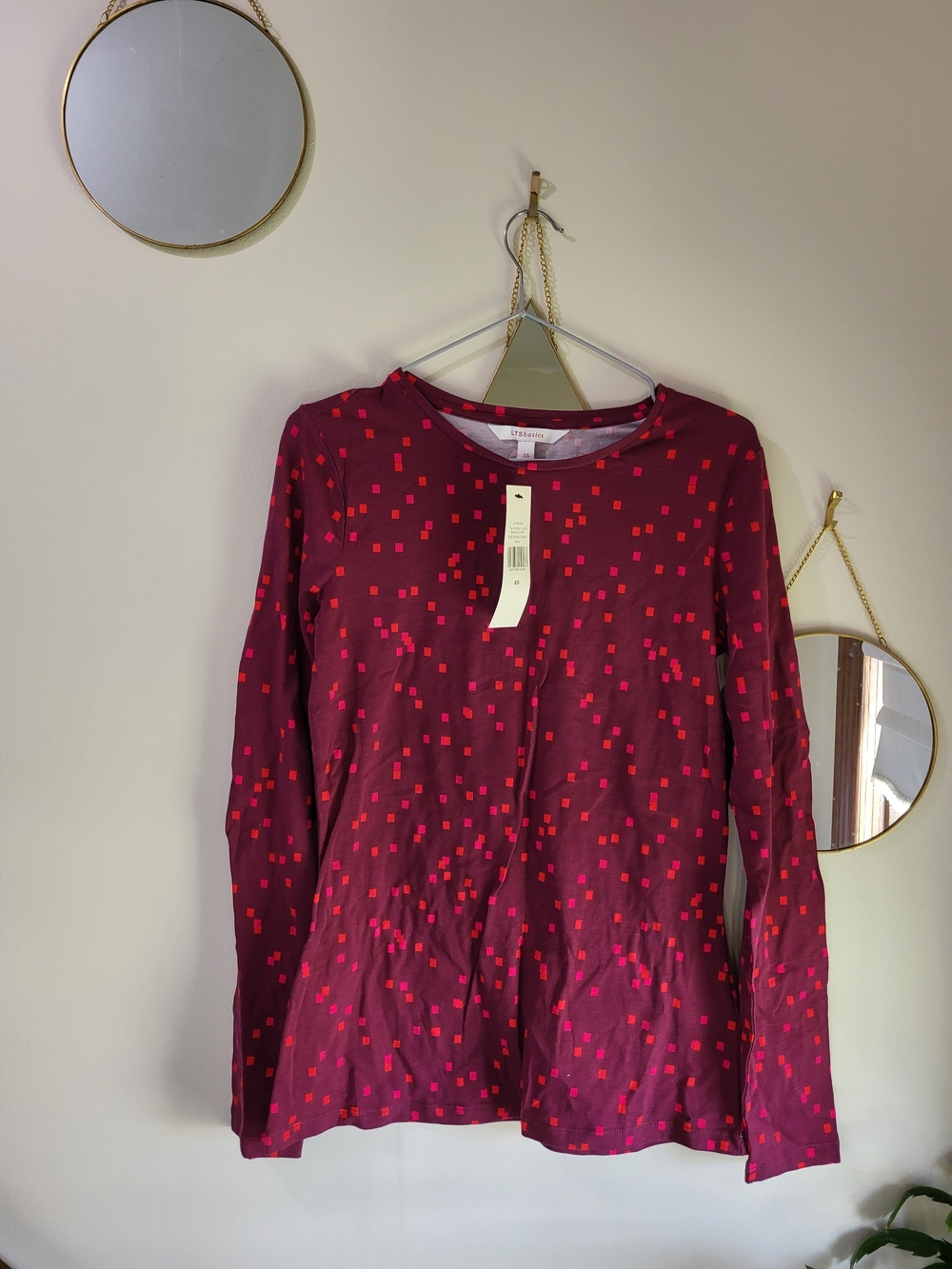 LTS LONG TALL SALLY Burgundy Long Sleeve Tee with Pink & Red Geo Dots